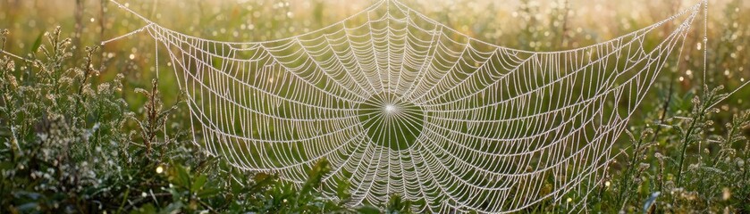 Obraz premium A dewy spider web glistens in a field during sunrise, showcasing nature's intricate beauty.