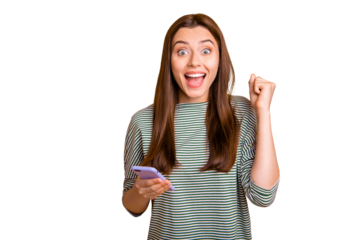 Photo of glad girl full of emotions because of her dog having finally recovered while isolated with yellow background