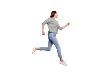 Full length body size photo of girl having noticed someone she likes on another side of road and running up to him while isolated with yellow background