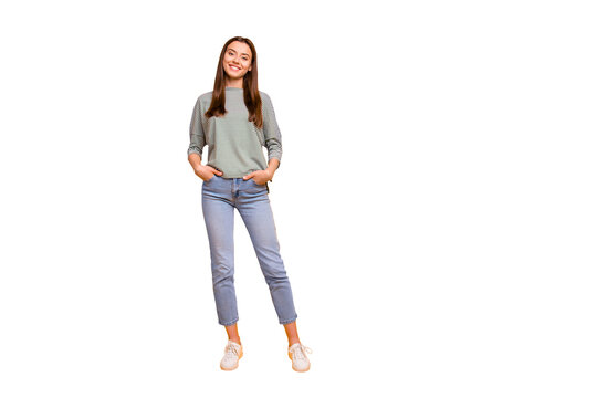 Full length body size photo of nice cute encouraged girlfriend with her hands in pockets while isolated with yellow background