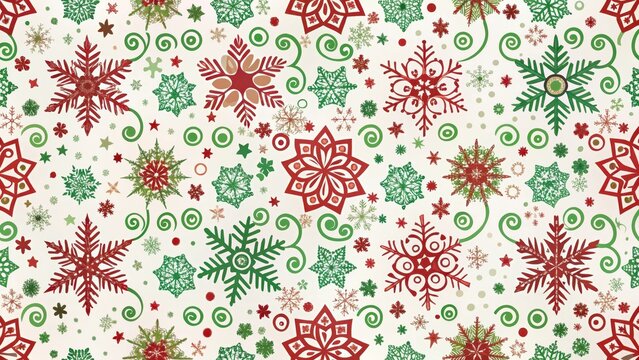 Winter snowflake seamless pattern with red and green swirls and festive holiday decorations , holiday, festive,  holiday, festive