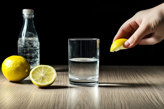 A hand squeezes lemon into a glass of water, with a lemon and a bottle of sparkling water nearby, set against a dark background.