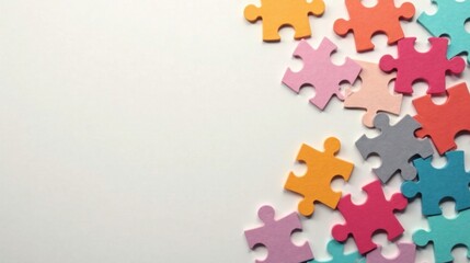 Obraz premium Colorful Puzzle Pieces Arranged on a White Background, Representing Teamwork, Problem-Solving, and Creativity