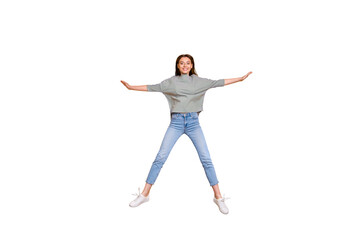 Full length body size photo of jumping excited girlfriend having taken shape of star while isolated...