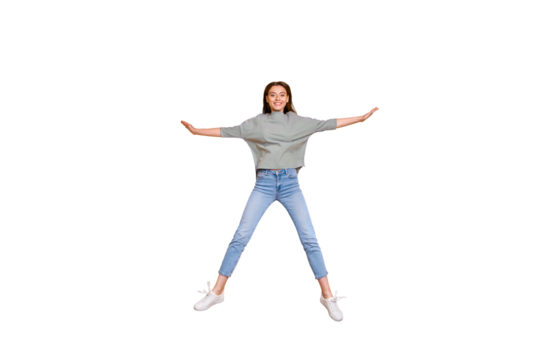 Full length body size photo of jumping excited girlfriend having taken shape of star while isolated with yellow vivid background - Powered by Adobe