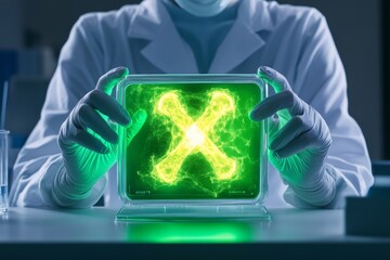 A scientist in a lab coat holds a glowing green container with a luminous X symbol, suggesting experimentation or discovery.