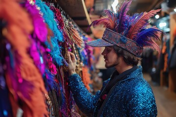 Exploring vibrant carnival accessories while trying on colorful hats and costumes in a lively shop