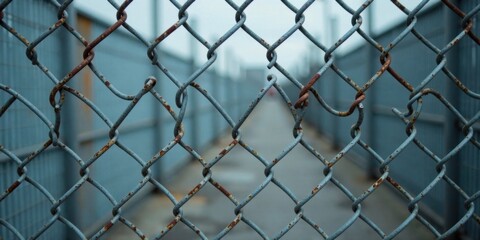 Fototapeta premium A weathered chain link fence reveals a blurred pathway beyond its rusty, interwoven metal