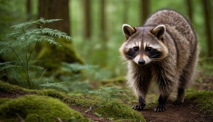 Obraz premium A curious raccoon strolling through a lush, moss-covered forest floor, its iconic mask and bushy fur creating a striking contrast against the vibrant greenery