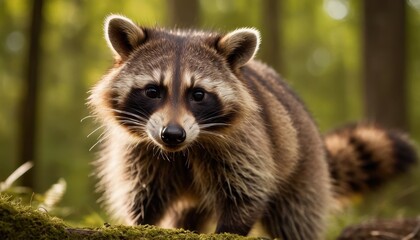 Fototapeta premium A curious raccoon strolling through a lush, moss-covered forest floor, its iconic mask and bushy fur creating a striking contrast against the vibrant greenery
