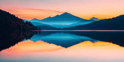 Obraz premium A serene landscape featuring a calm lake reflecting mountains under a vibrant sunset sky, surrounded by lush trees and soft hues.