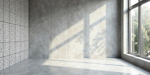 Obraz premium Sunlit Modern Room with Textured Wall Paneling and Expansive Window