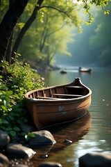 Weathered Wooden Canoe on a Lush Riverbank: Vintage Photorealistic Scene