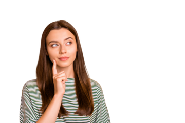 Photo of guessing broody lady intending to understand what people out there are speaking about while isolated with yellow background