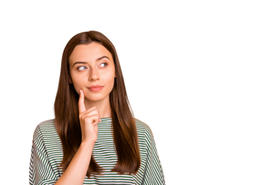 Photo of guessing broody lady intending to understand what people out there are speaking about while isolated with yellow background