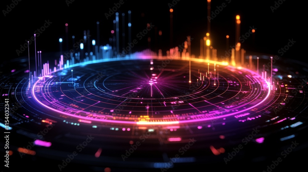 Poster visual representation of data analysis with colorful waveforms and digital effects in a dark backgro