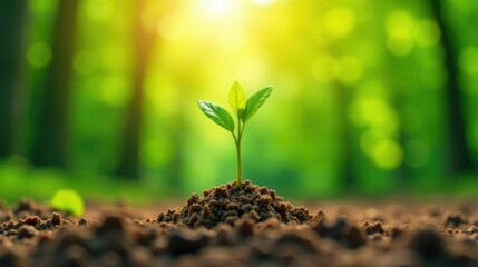 A Tiny Sprout Emerging in a Sunlit Forest, Symbolizing New Growth and Environmental Conservation