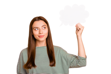 Photo of girl thinking over how to leave yellow background and be transferred to another one while being isolated