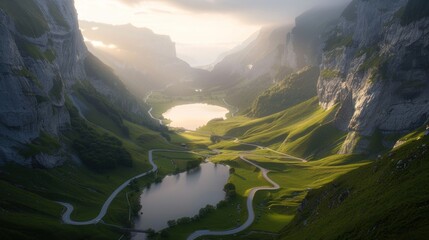 Serene alpine lake nestled in a valley, sunlight illuminating the mountains.