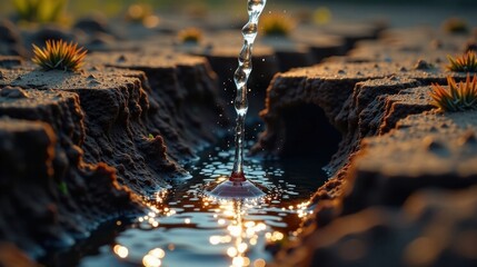 A revitalizing stream of water cascades into a parched landscape, nourishing the resilient desert flora with life-giving moisture, a testament to nature's enduring power