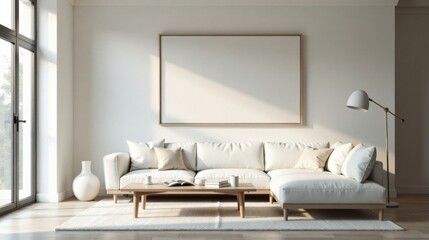 Modern Minimalist Living Room Design with Large Blank Canvas and Sectional Sofa