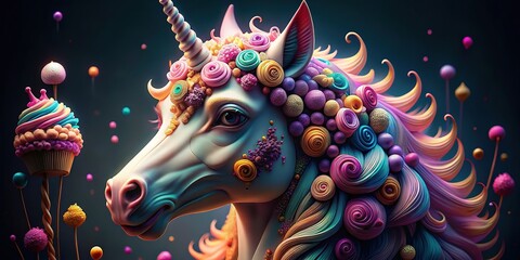 Ethereal unicorn head, sculpted from sweet treats.  Enchanted food photography.