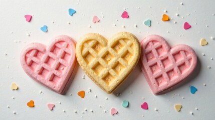 Fototapeta premium A trio of heart-shaped waffles in pastel pink and yellow, adorned with tiny colorful sprinkles on a white background.