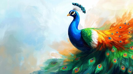 A digital painting of India’s national bird the peacock, beautifully illustrated with the tricolor feathers flowing in a breeze on Republic Day.