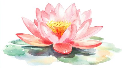 Watercolor painting of a pink lotus flower on a lily pad.