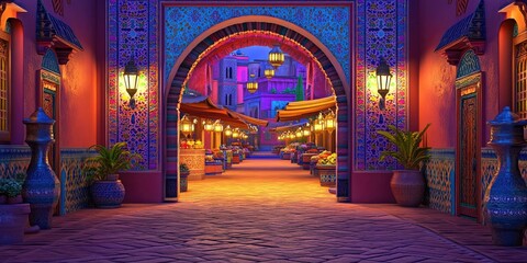 Obraz premium A vibrant marketplace at dusk, featuring colorful architecture and decorative lanterns.