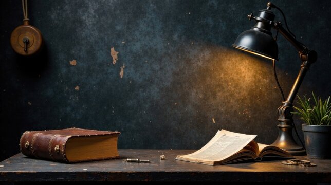 A dimly lit study featuring antique books, a vintage desk lamp, and small metallic objects rests on a rustic wooden surface.