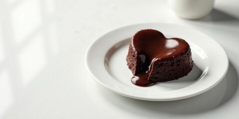 Heart-shaped molten chocolate cake, decadent dessert, rich dark chocolate ganache, sweet treat on a white plate