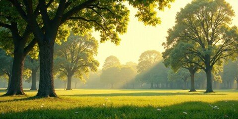 Fototapeta premium Serene Sunrise in a Lush Green Park with Majestic Trees Casting Long Shadows on a Sunlit Meadow