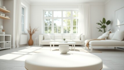 Fototapeta premium A single white mug rests on a round side table in a sunlit minimalist living room