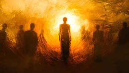 Fototapeta premium Ethereal Encounter in a Dreamlike Landscape with Silhouetted Figures Against a Golden Sunset Radiating Warmth and Mystery in an Artistic Interpretation of Humanity and Nature