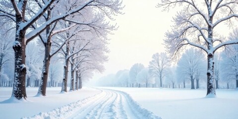 Obraz premium Serene Winter Landscape Snow-Covered Trees Line a Winding Path Through a Frosty Field