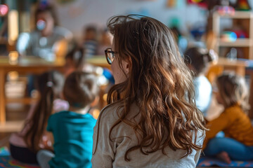 Fototapeta premium Generative AI Teacher Smiling in Kindergarten Classroom with Children