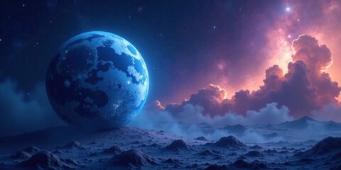 Obraz premium A luminous blue exoplanet rises majestically over a desolate, icy landscape, bathed in the ethereal glow of a vibrant cosmic sunset.