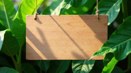 A blank wooden sign hangs amongst vibrant green foliage, bathed in sunlight, perfect for your message or announcement.