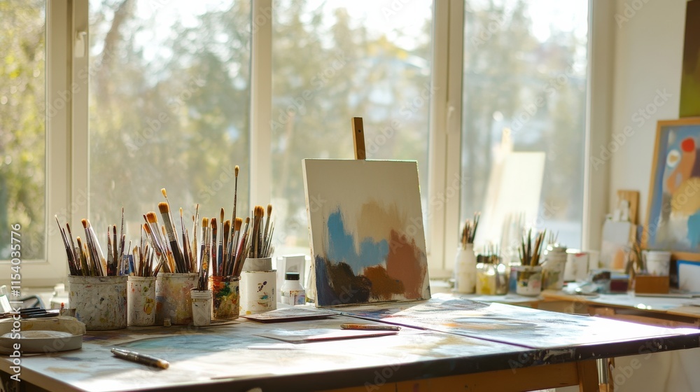 Poster a well-organized painting studio with large windows, paints and brushes systematically laid out, art