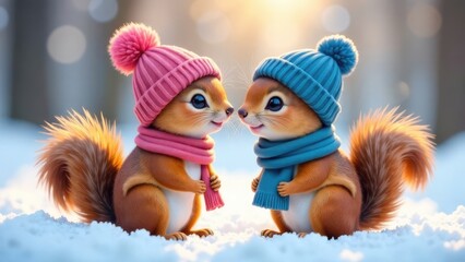 Fototapeta premium Two squirrels face each other in the snow wearing matching hats and scarves, conveying a Valentine's Day theme. Concept of Squirrels in love.
