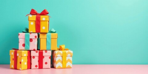 A Colorful Stack of Wrapped Presents on a Pink Surface Against a Teal Background