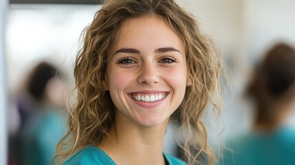Fototapeta premium Young woman in medical scrubs smiles warmly while interacting in a bright indoor environment