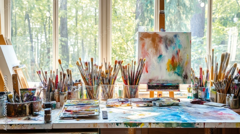 Poster a well-organized painting studio with large windows, paints and brushes systematically laid out, art