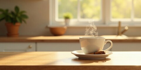 Warm Morning Beverage with Aromatic Cinnamon Sticks on a Sunny Kitchen Countertop