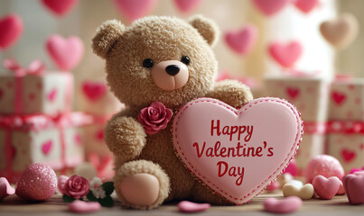 A Heartwarming Valentine's Day Celebration with a Cute Teddy Bear and Heart-Shaped Decorations