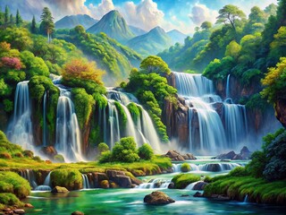 Naklejka premium Mountainous vista explodes with verdant life, a torrent cascading through the scene.