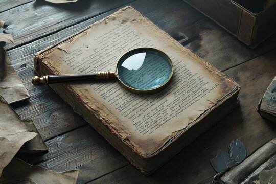 Antique Book with Magnifying Glass on Wooden Table - A Glimpse into History