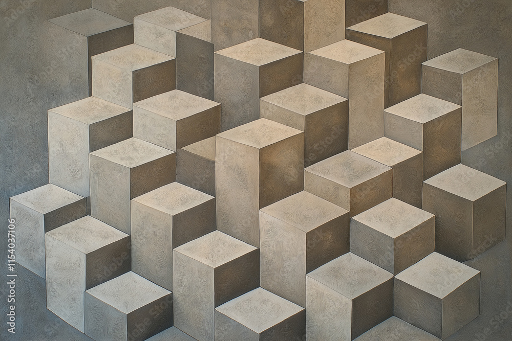 Poster a 3d geometric cube design with metallic accents and muted tones
