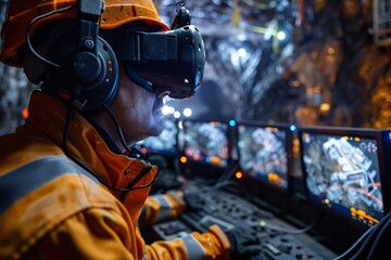A mine worker collaborates with advanced virtual reality equipment while monitoring screens. This high-tech approach improves efficiency in underground operations